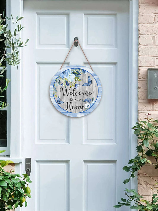 Blue Flower Butterfly Welcome Door Hanging Sign - Charming Wood Plaque Decoration