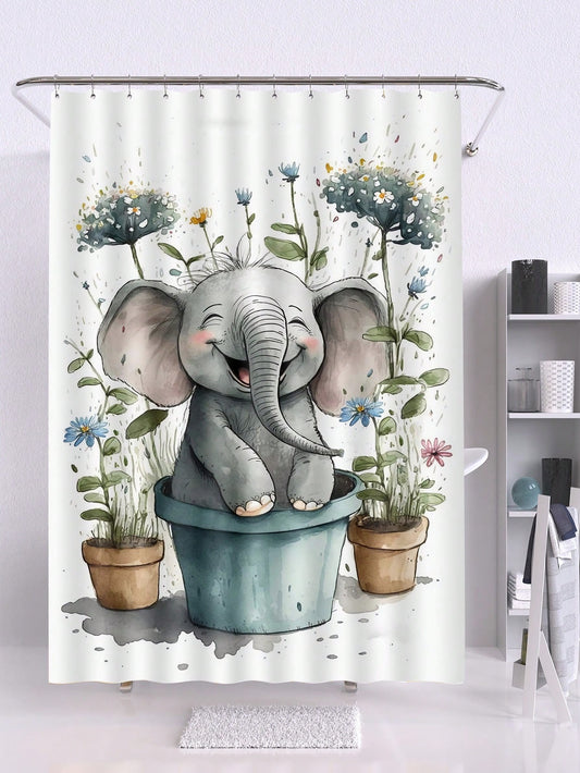 Polyester Gray Elephant Floral Flowerpot Waterproof Shower Curtain: Bathroom Window Decor