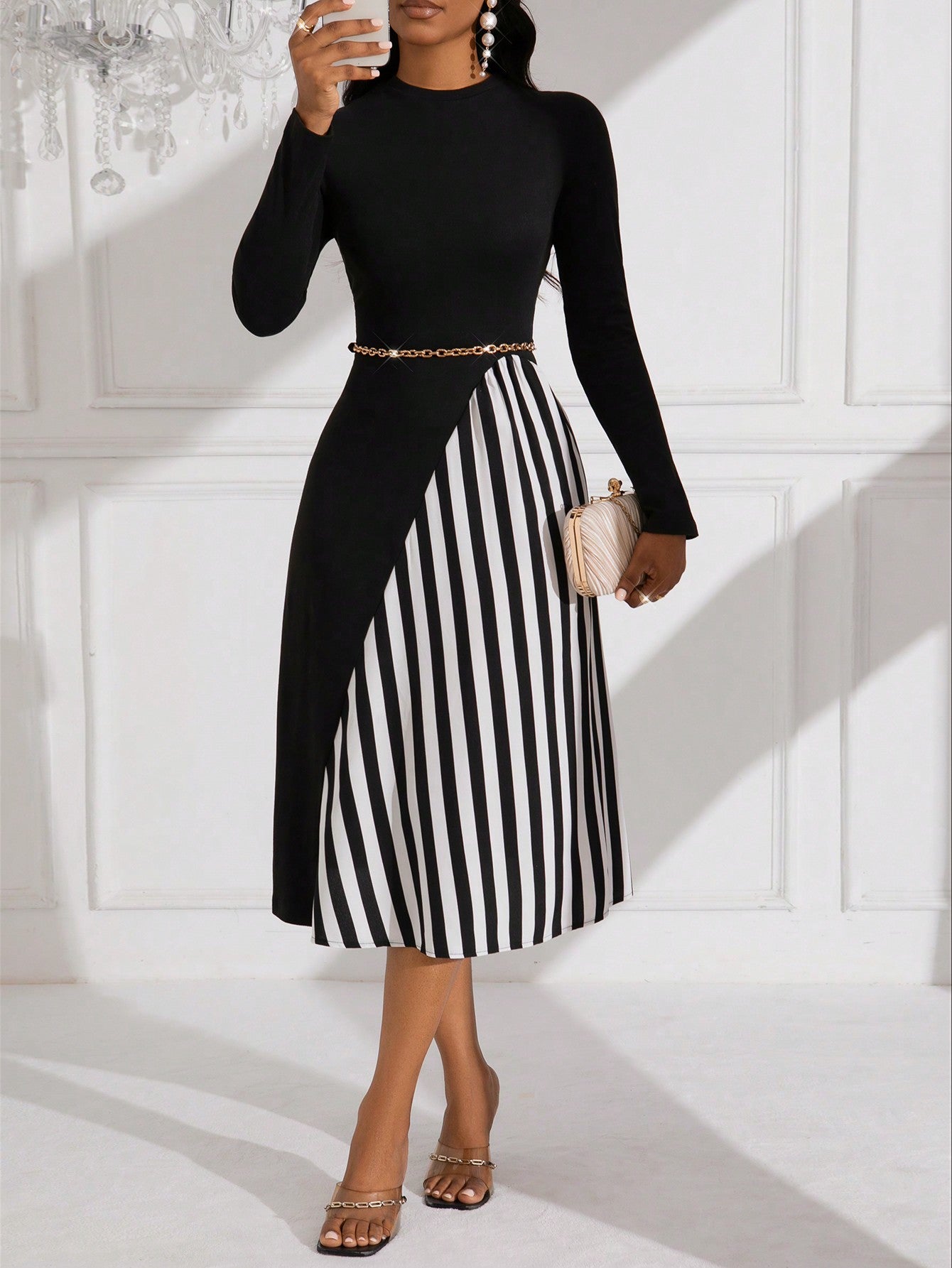 Chic Color Block Striped Long Sleeve Dress for Fashionable Ladies Chic Color Block Striped Long Sleeve Dress for Fashionable Ladies