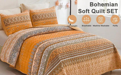 Bohemian Bliss 3-Piece Yellow Queen Size Quilt Set: Soft Microfiber Bedding for All Seasons