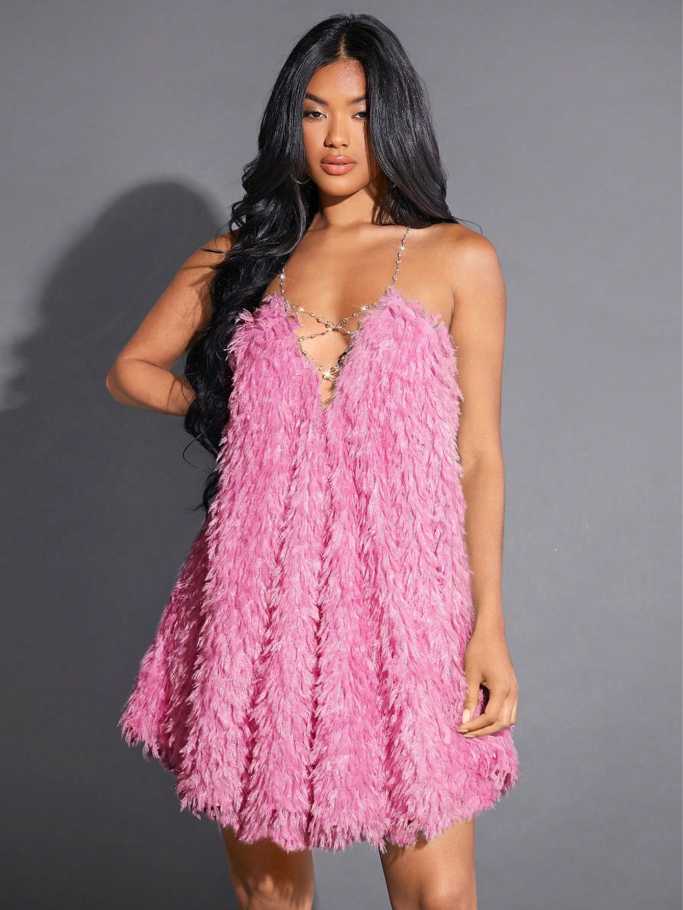 Flirty and Fabulous: Ladies Chain Cross Backless Furry Dress Canary Houze Flirty and Fabulous: Ladies Chain Cross Backless Furry Dress Canary Houze