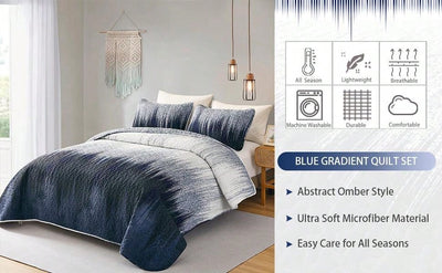 Blue Bliss: Ombre Pattern Quilt Set for Queen Bed with Pillowcases