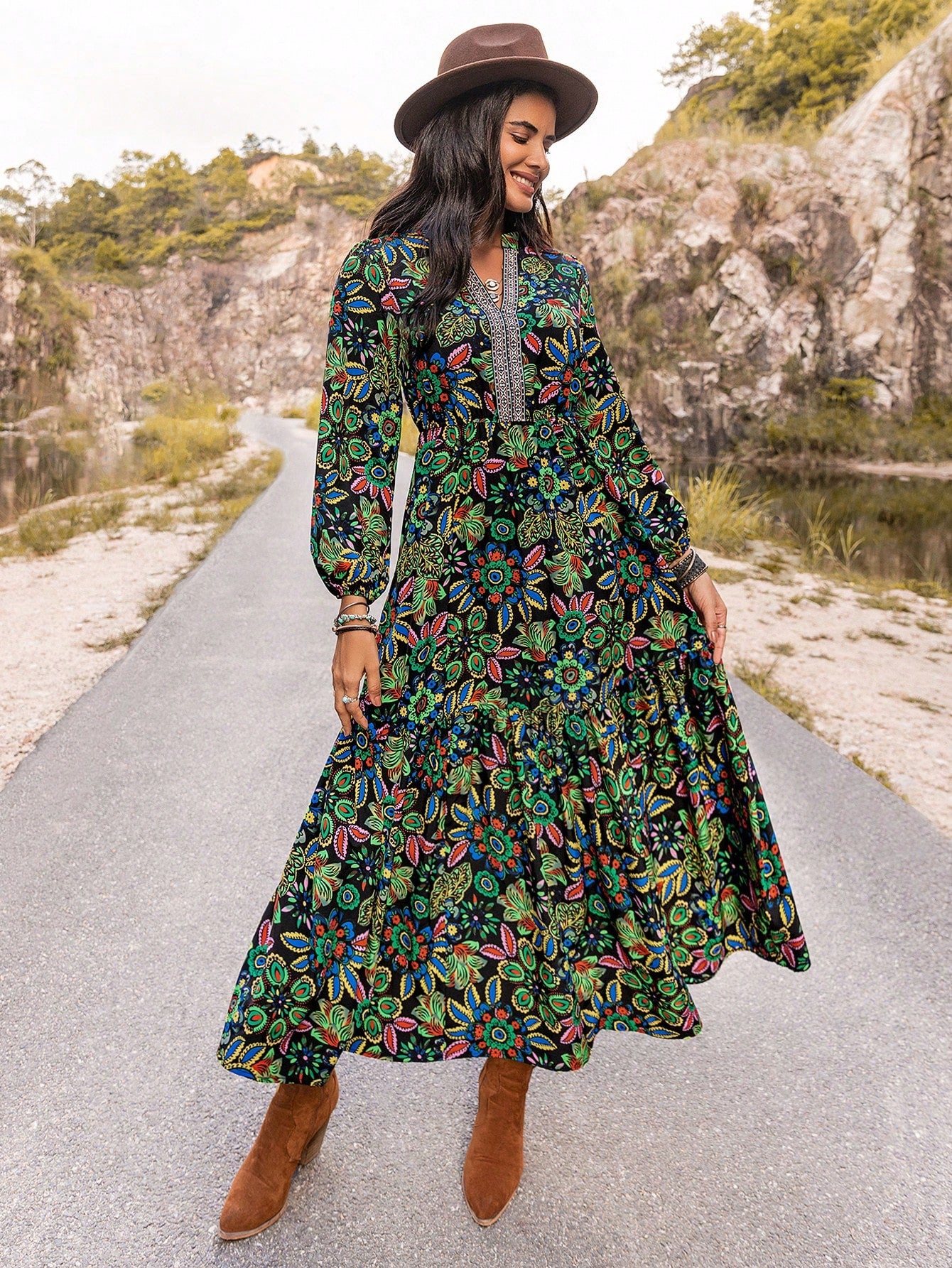 lantern sleeve dress Enchanted Bloom Women's Printed Dress: A V-Neck Stunner MUSERA Cream White Square Color:Desert Blue The Floral Embroidered Lantern hero