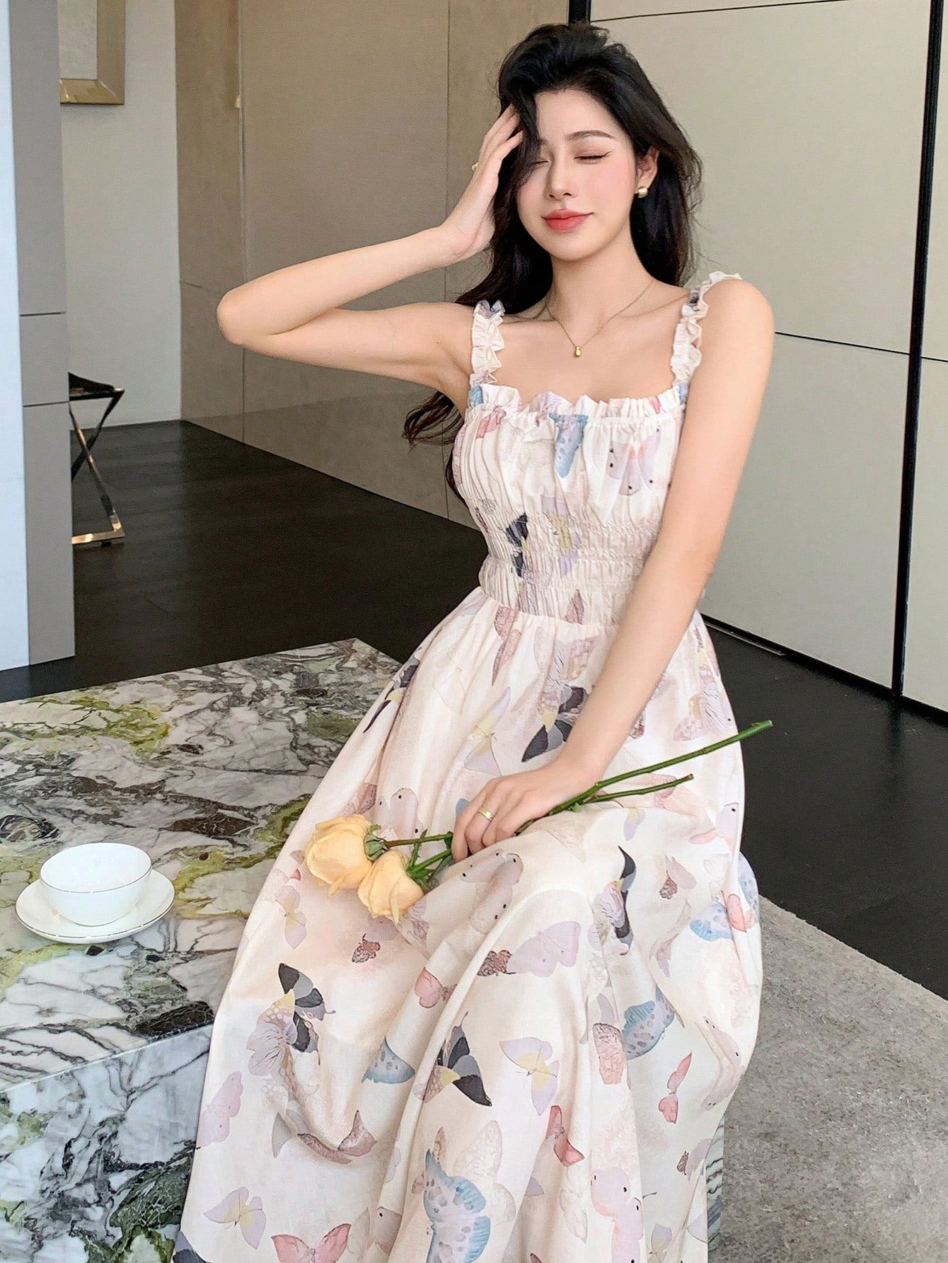 Blooming Beauty: Floral Print Empire Waist Spaghetti Strap Dress