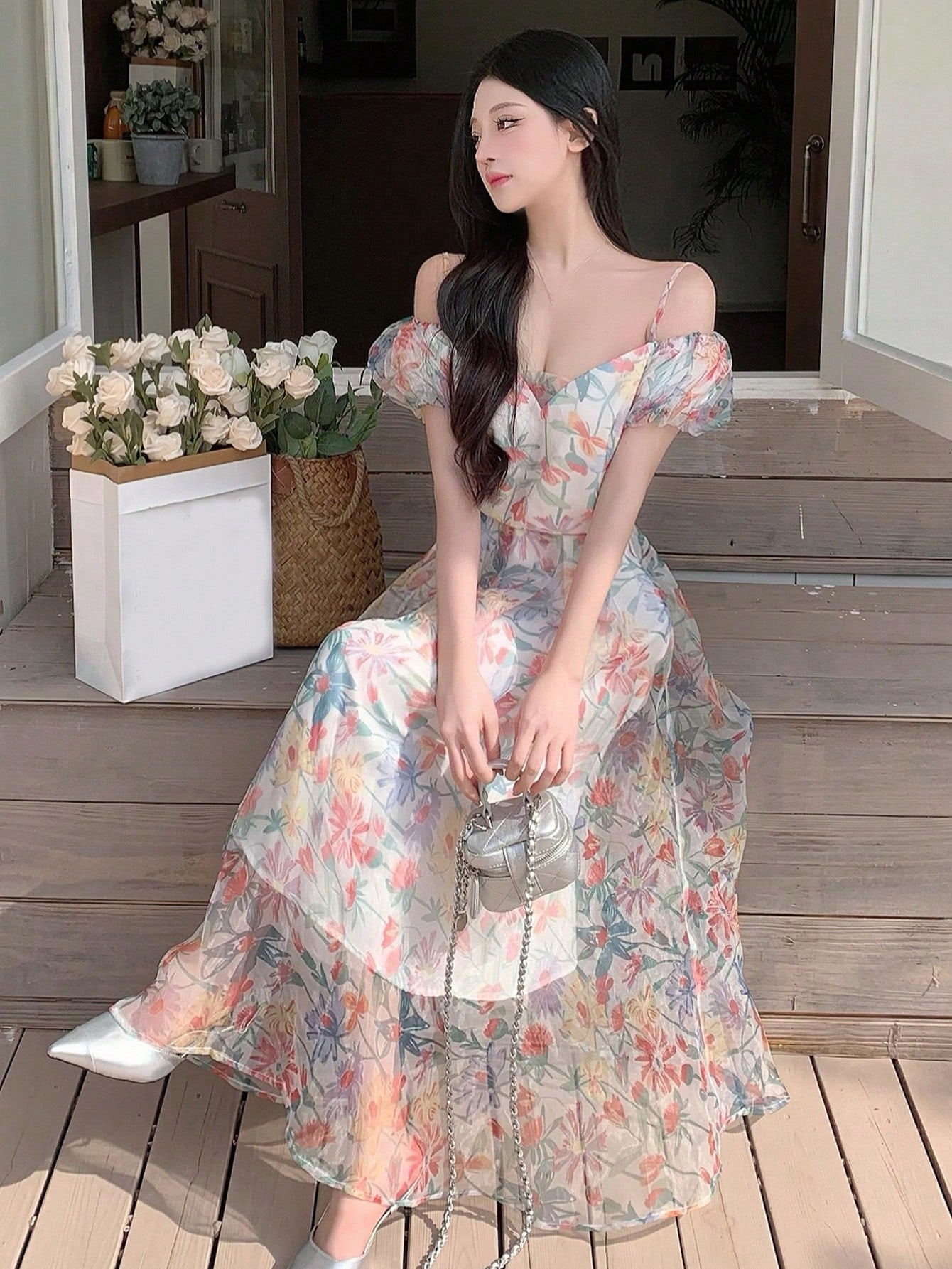 Summer Delight: Off-Shoulder Floral Printed Dress with Short Puff