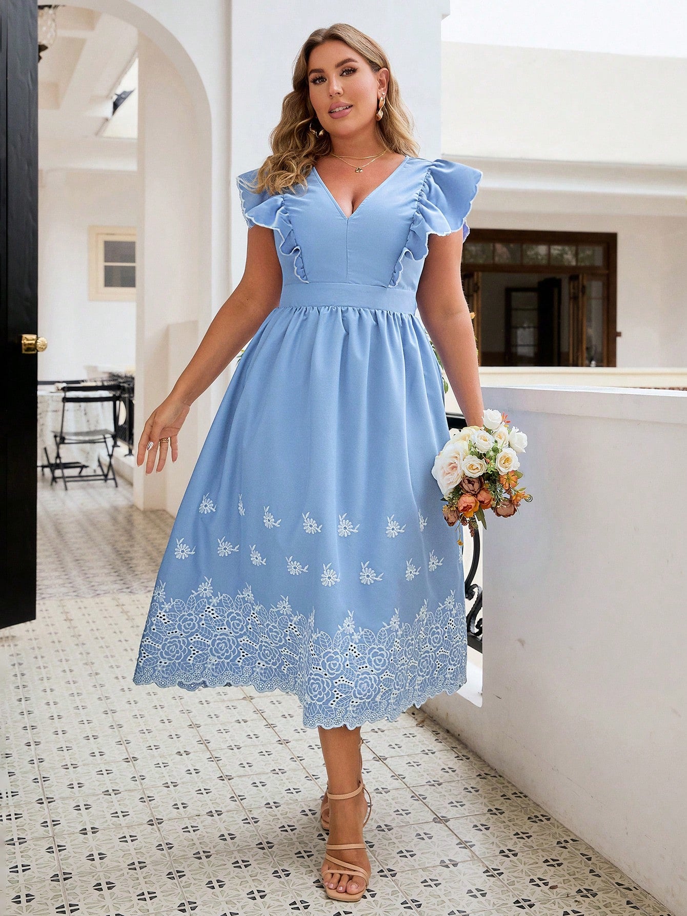 plus size floral embroidered dress Summer Plus Size Floral Embroidery Splice Ruffle Hem V-Neck Dress For – Canary Houze