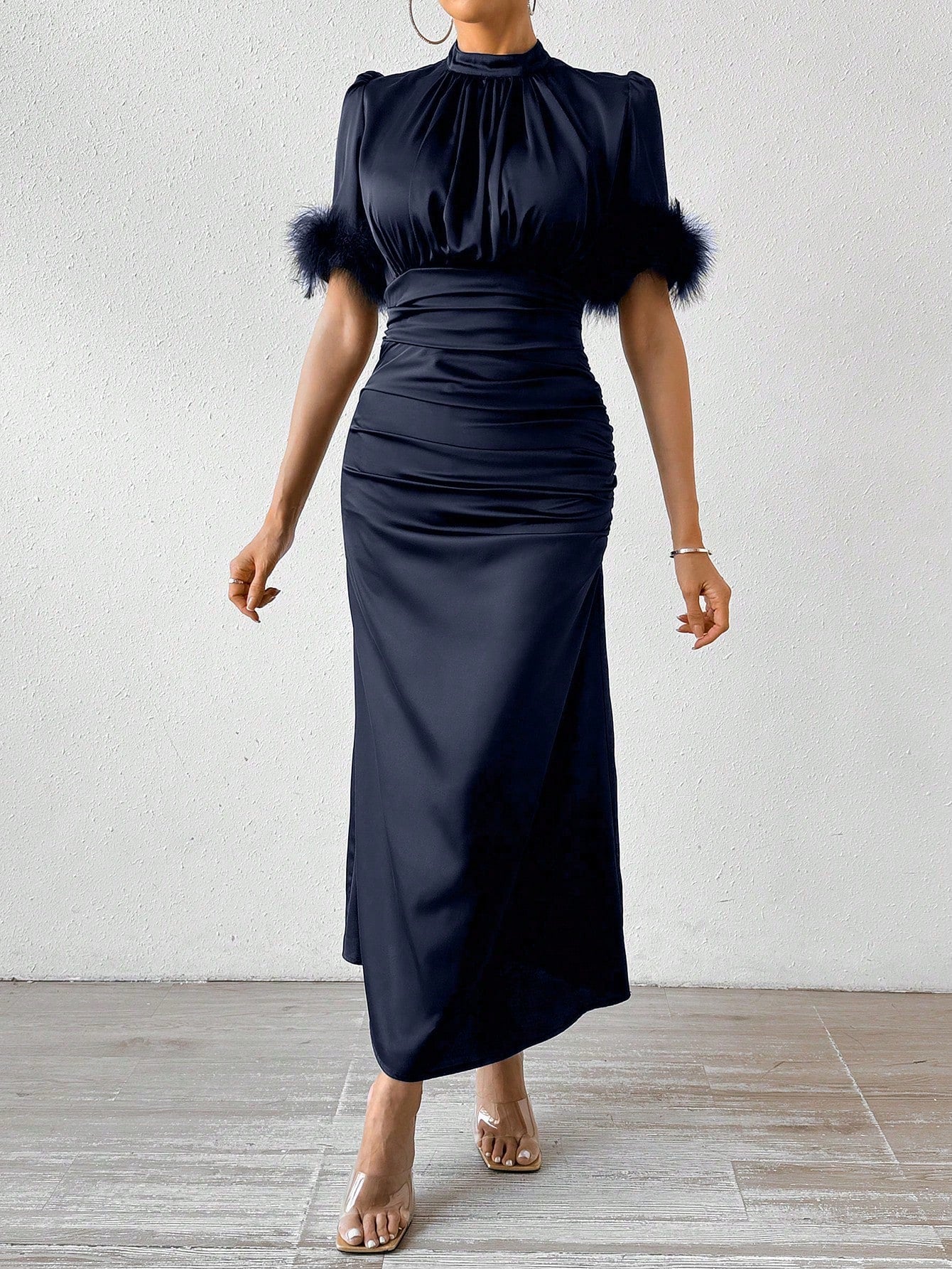 Feathered Elegance: Women's Turkey Feather Satin Party Dress Canary Houze Feathered Elegance: Women's Turkey Feather Satin Party Dress Canary Houze
