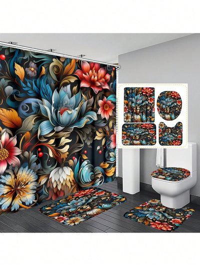 Bohemian Mushroom Bathroom Set: Shower Curtain, Bath Mat, and Toilet Cover