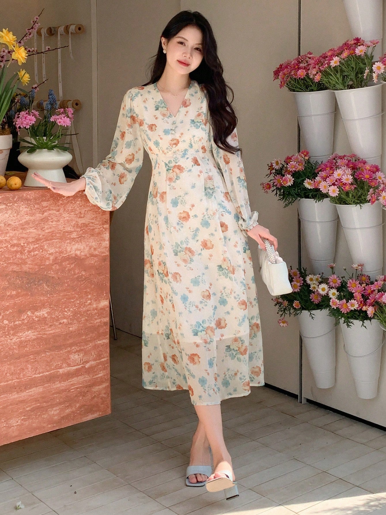 Ditsy Floral Dream: Chiffon V-Neck Dress with Waist Belt Canary Houze Ditsy Floral Dream: Chiffon V-Neck Dress with Waist Belt Canary Houze