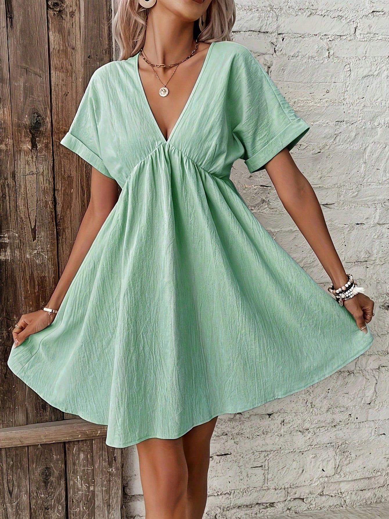 Chic and Stylish: Women's Batwing Sleeve V-Neck Dress in Solid Color   Canary Houze