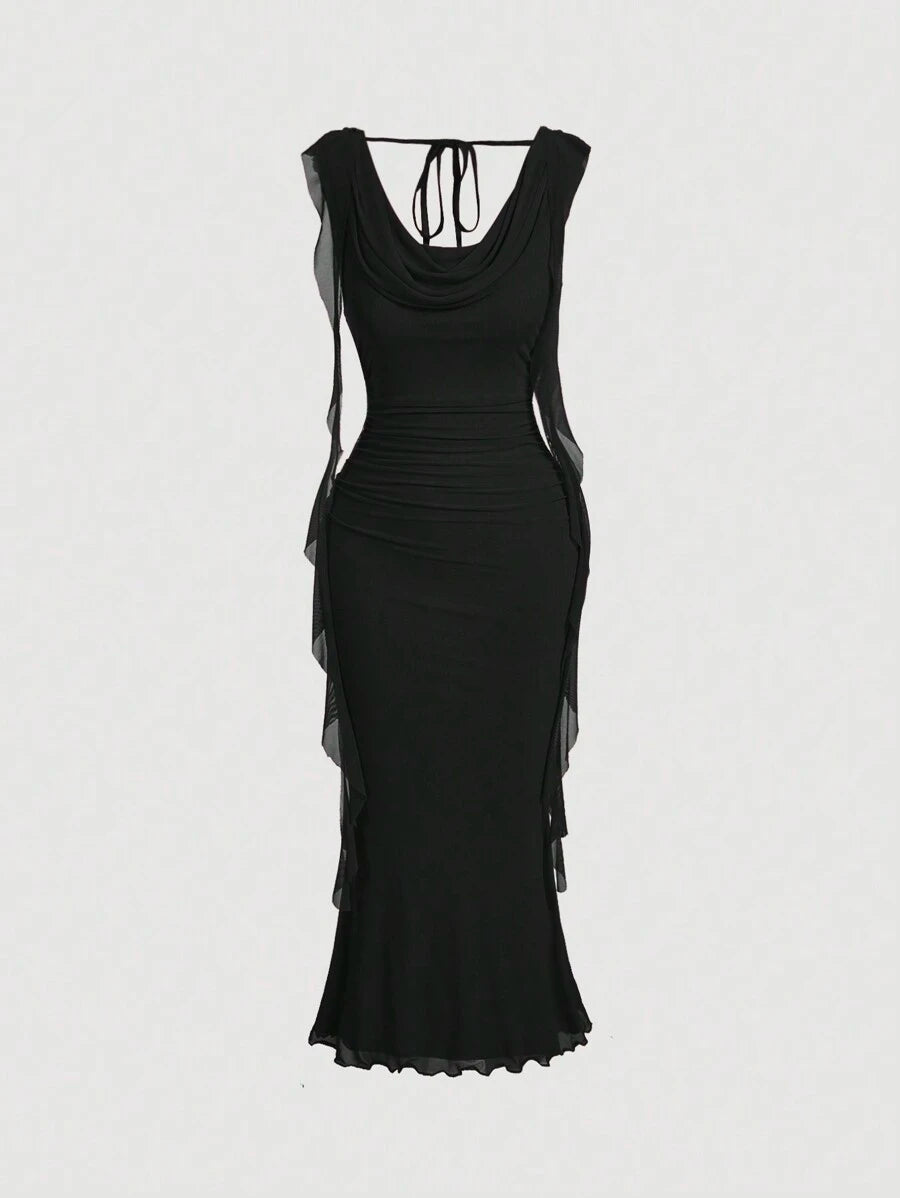 Mesh Overlay Bodycon Maxi Dress with Cowl Neck – Canary Houze