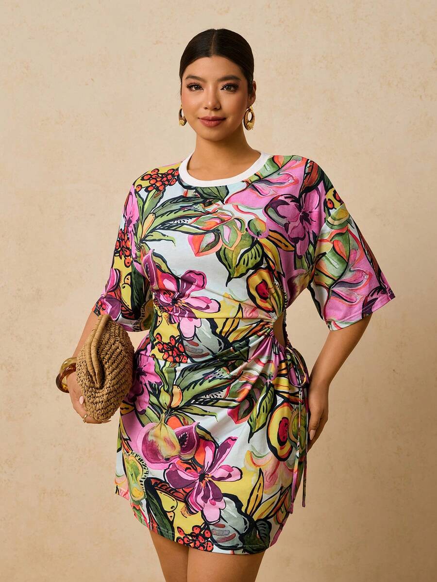 Plus Size Tropical Print Mini Dress with Waist Cutout – Canary Houze
