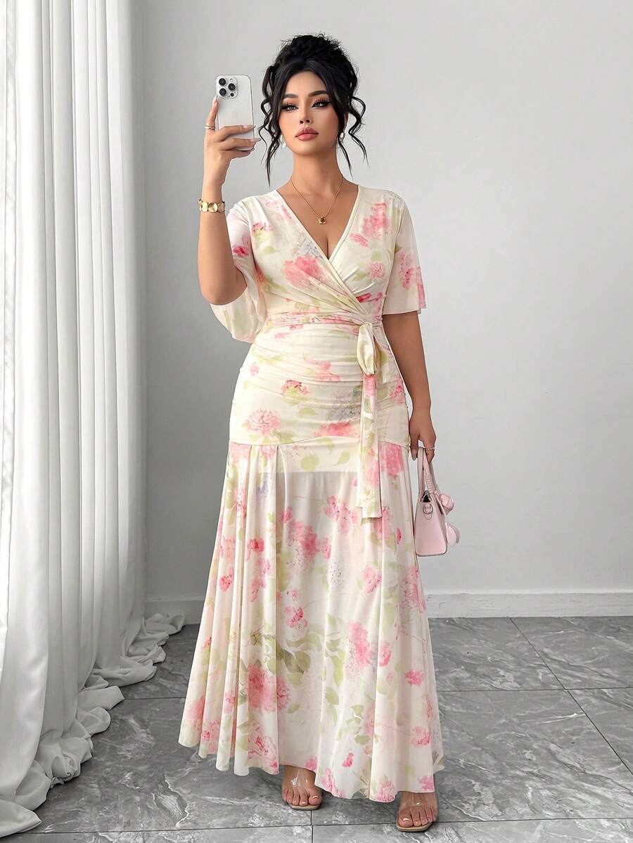 Elegant Floral Plus Size V-Neck Maxi Dress with Tie Waist – Canary Houze