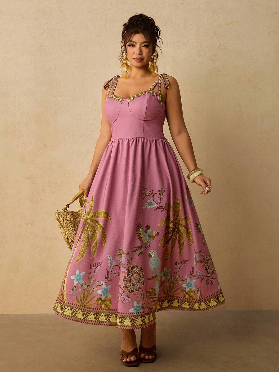 plus size tropical maxi dresses Floral Cami Vacation Dress with Tie Straps Green Pink CoralSize + Spring SAS 2026 Color:Grey Purple Lady in pink: The