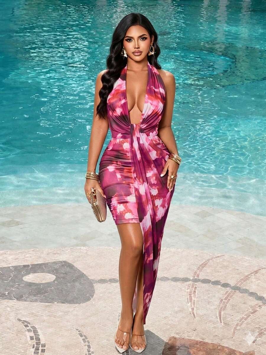Hot Pink Mesh Halter Bodycon Dress with Draped Sash – Canary Houze