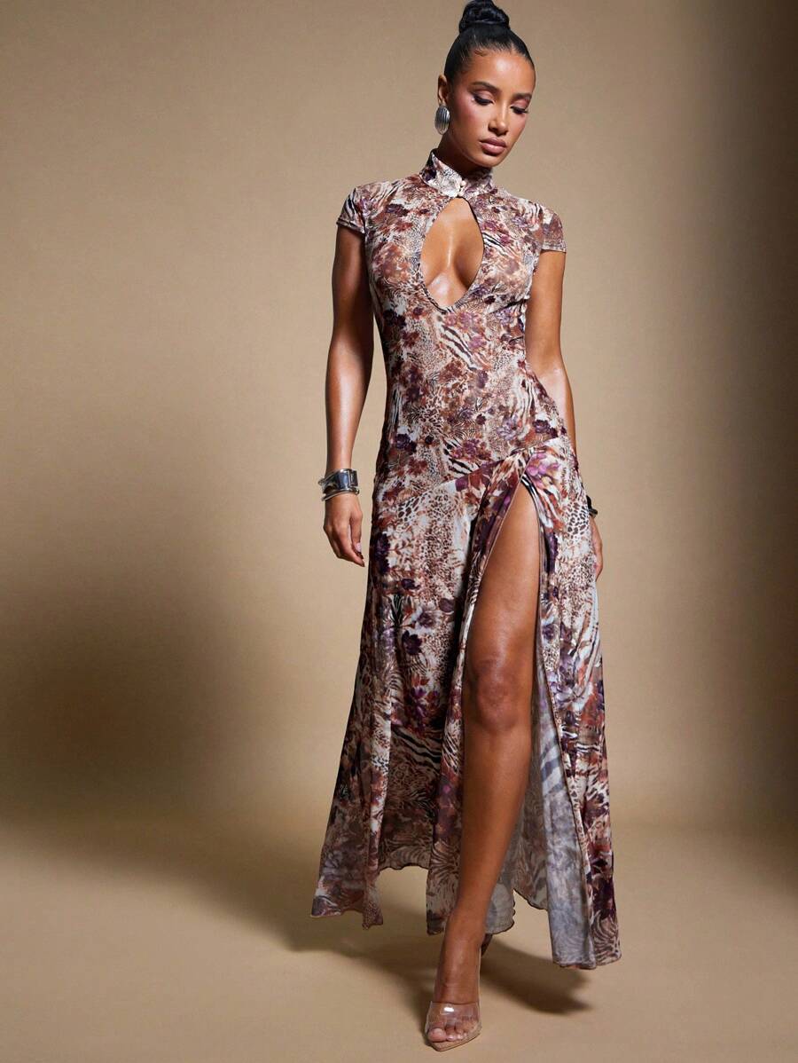 Shein |Abstract Floral Animal Print Lace Mesh Dress Vacation Dress