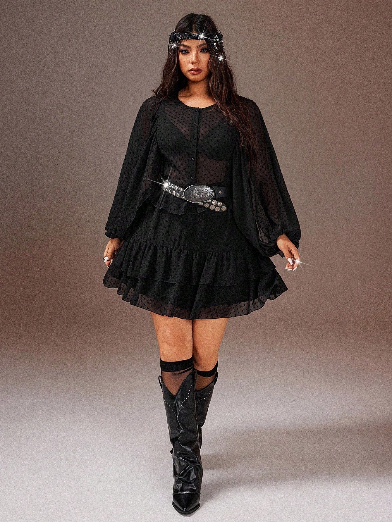 Asymmetrical Ruffled Lantern Sleeve Plus Size Polyester Solid Color Va –  Canary Houze