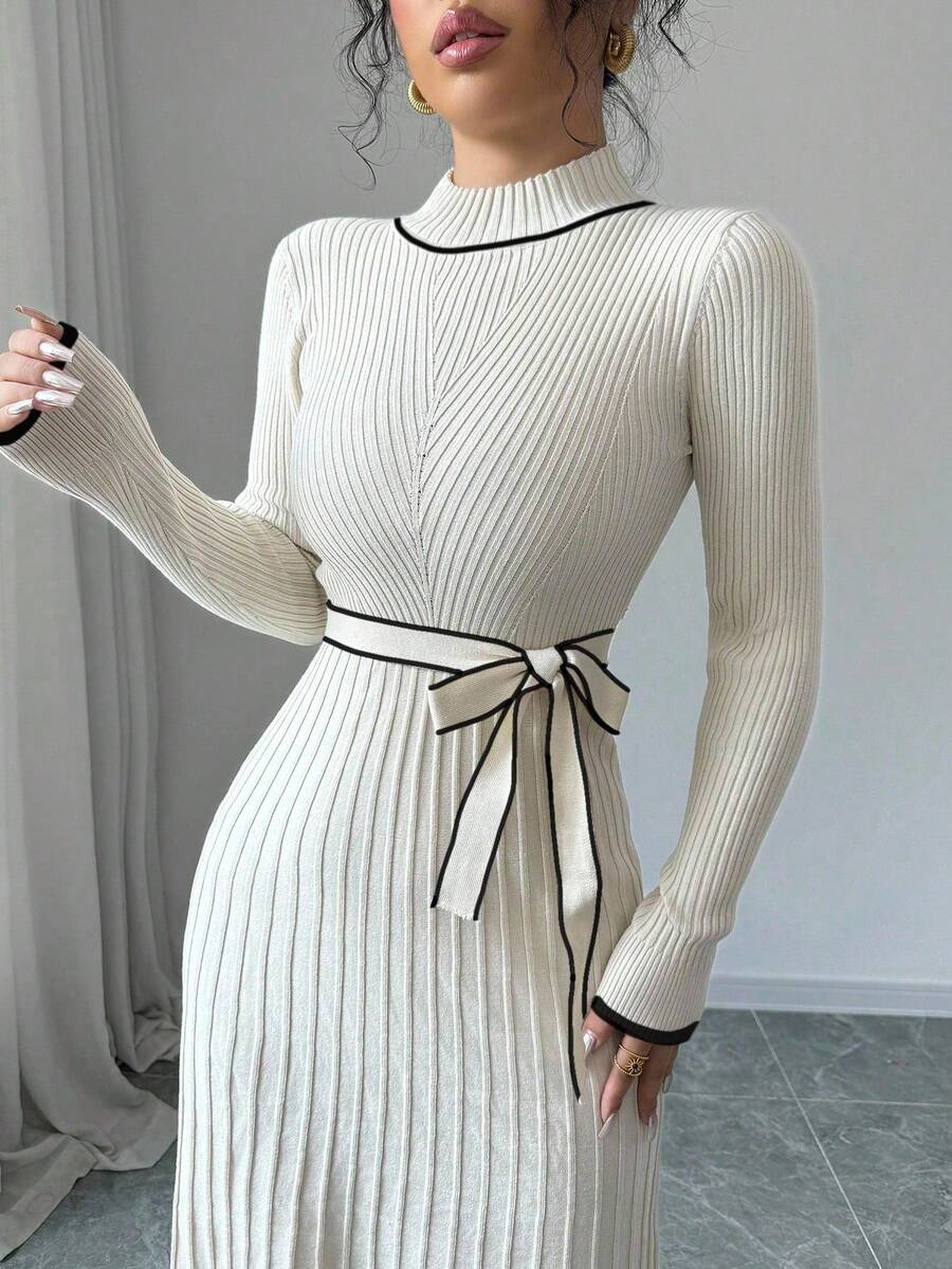 Autumn Elegance: Women's Minimalist Flared Knit Dress with Stand Colla