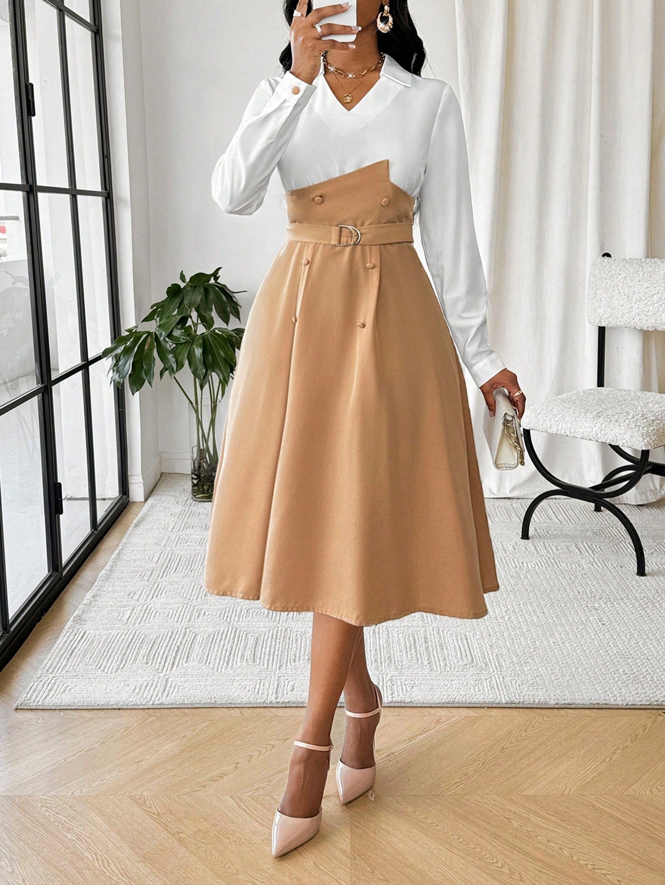 Autumn \u0026 Winter Women's Casual Flared Shirt Dress with Belt - White \u0026 Khaki  Contrast Stitching for Business \u0026 Halloween Events Autumn \u0026 Winter Women's Casual Flared Shirt Dress with Belt - White \u0026 –  Canary Houze