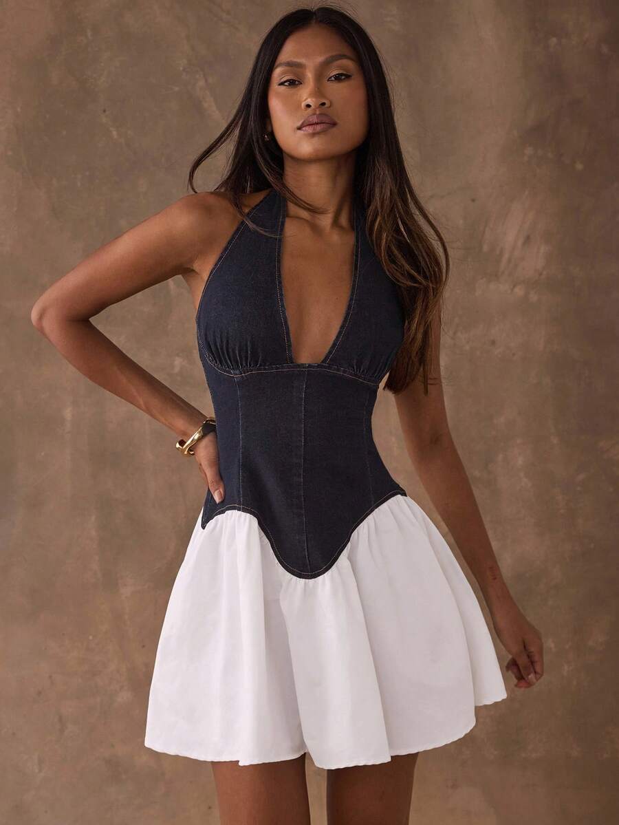 Backless Denim Halter Mini Dress with Flared White Skirt – Canary Houze