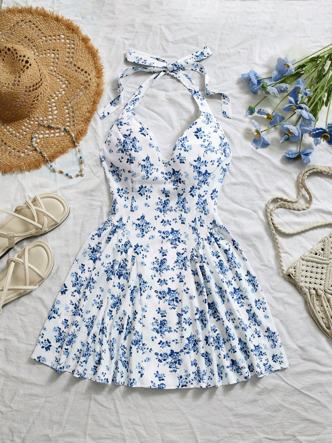 Blue Ditsy Floral V-Neck Backless Peplum Short Dress