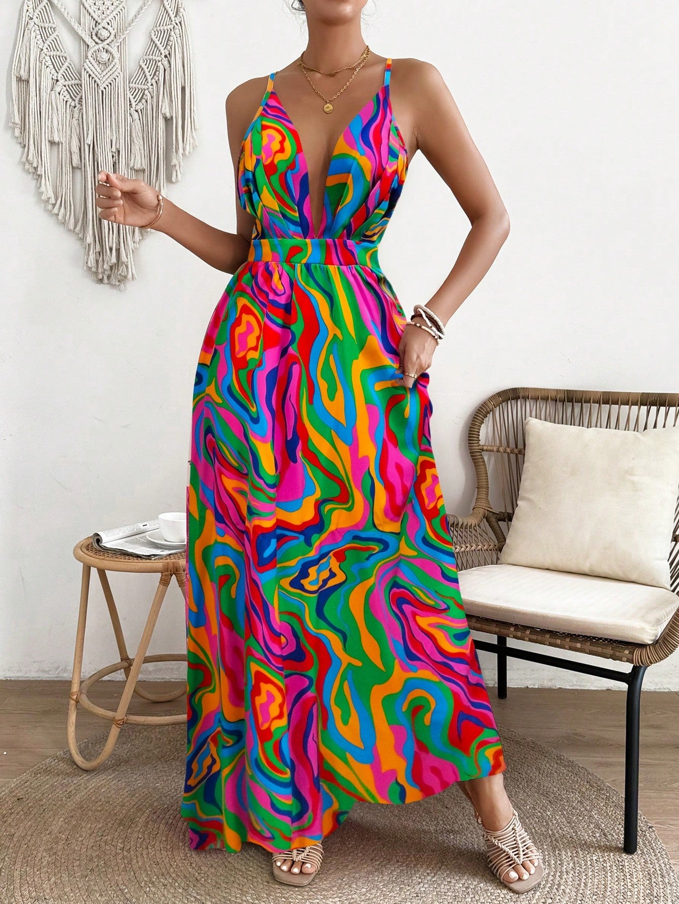 Bohemian Bliss: Crisscross Backless Maxi Dress with Vibrant Prints for – Canary Houze