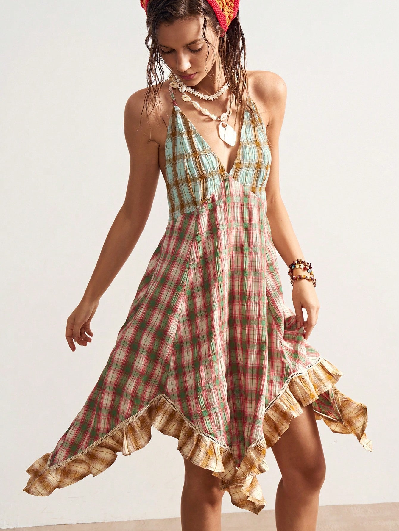 Boho Vintage Casual Woven Plaid Midi Dress with Asymmetric Hem for Sum Boho Vintage Casual Woven Plaid Midi Dress with Asymmetric Hem for Sum