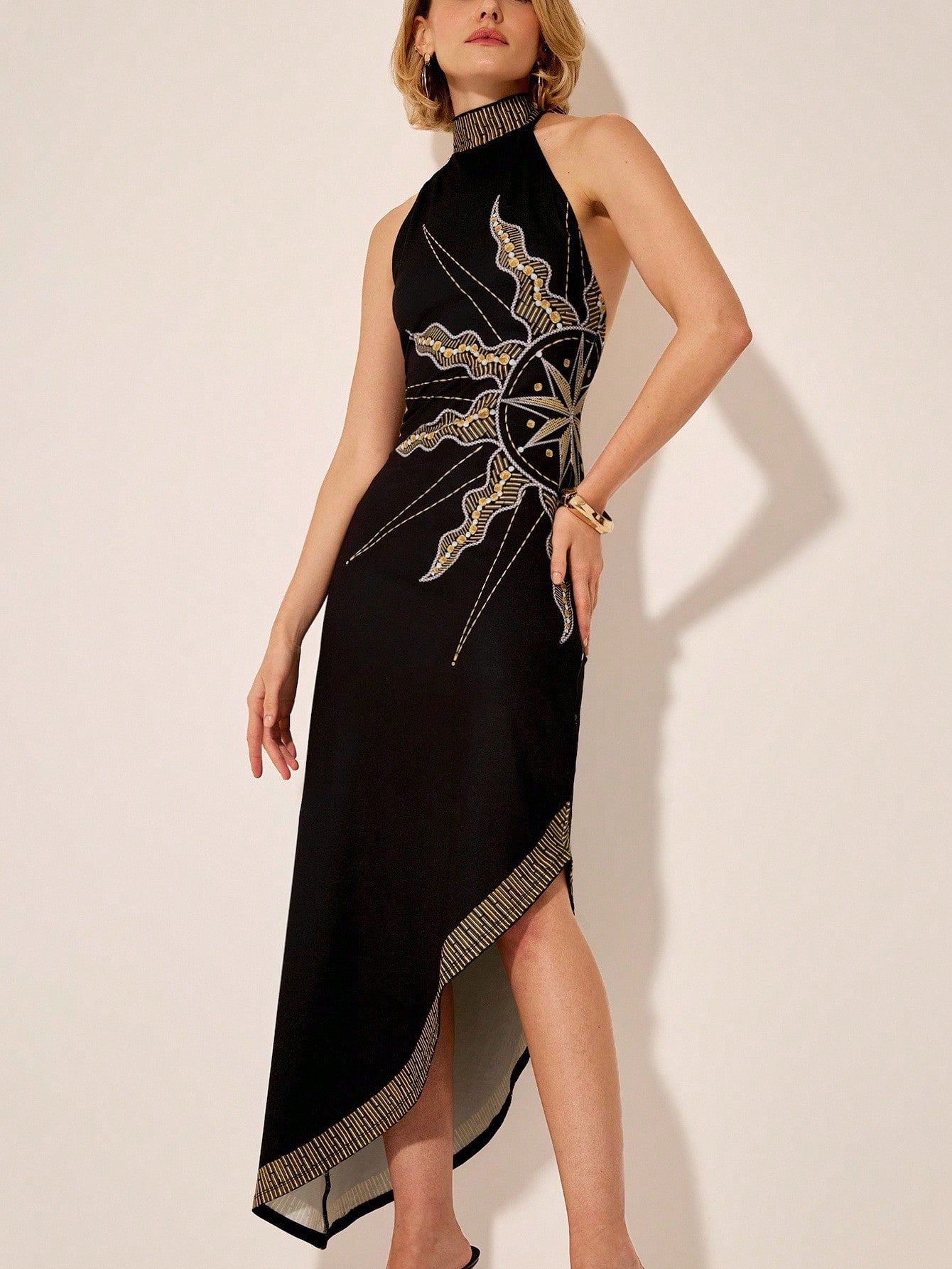 green emerald velvet dress Celestial Charm: Retro Asymmetric Black and Gold Sun Print Dress for Women