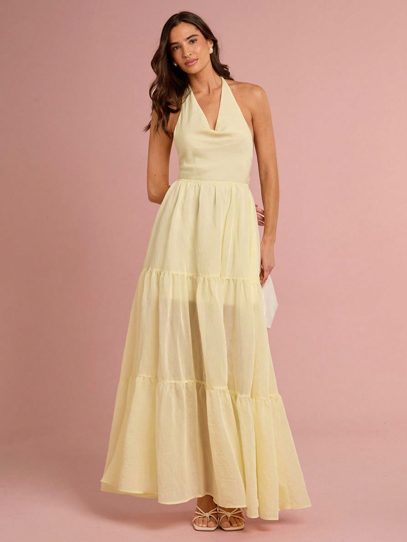 Charming Pastel Yellow Backless Halter Maxi Dress for Women – Perfect for  Summer Vacations, Weddings, and Parties