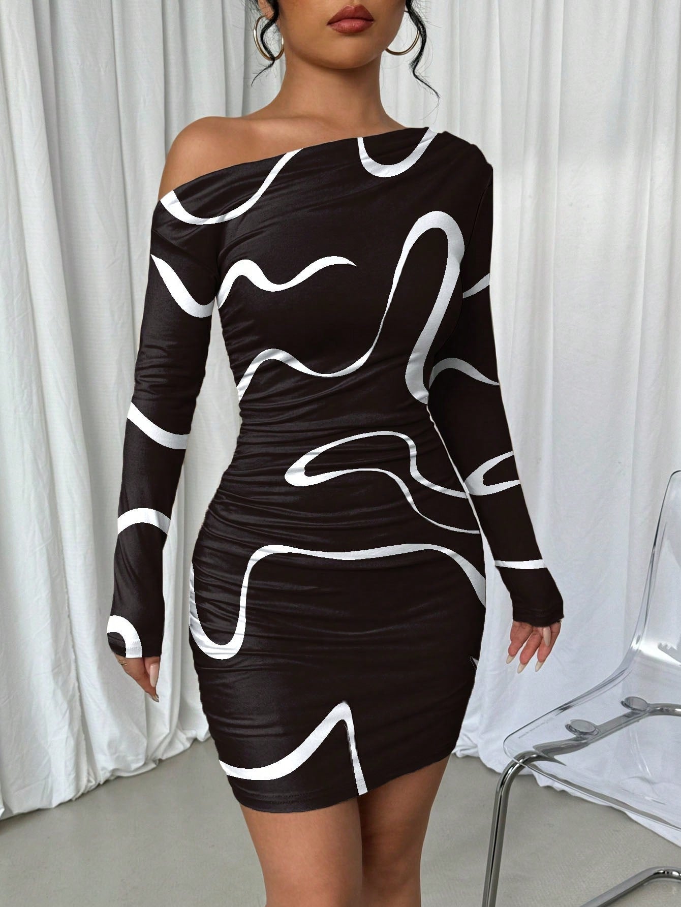 Chic Asymmetrical Graffiti Print Ruched Dress – Trendy Long Sleeve Fas – Canary Houze