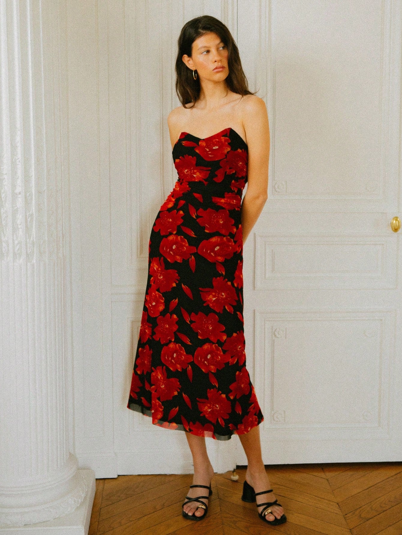 off shoulder skims dress Chic Black Off-Shoulder Midi Dress with Red Rose Print
