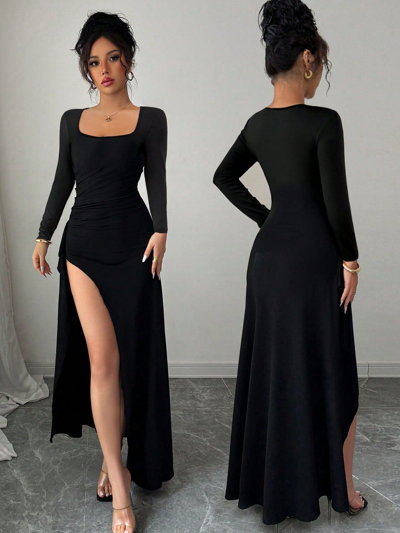 Chic Black Square Neck Ruched Long Sleeve Dress with High Slit Perfe Canary Houze Chic Black Square Neck Ruched Long Sleeve Dress with High Slit Perfe Canary Houze