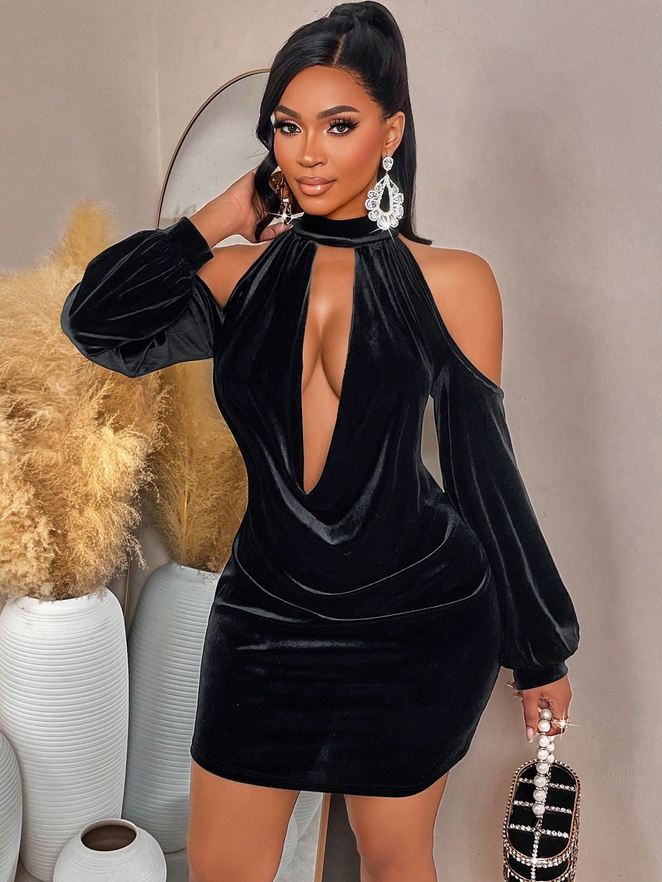 velvet mini party dress Chic Black Velvet Mini Dress with Deep V-Neck and Cap Sleeves for  Party-Ready Elegance