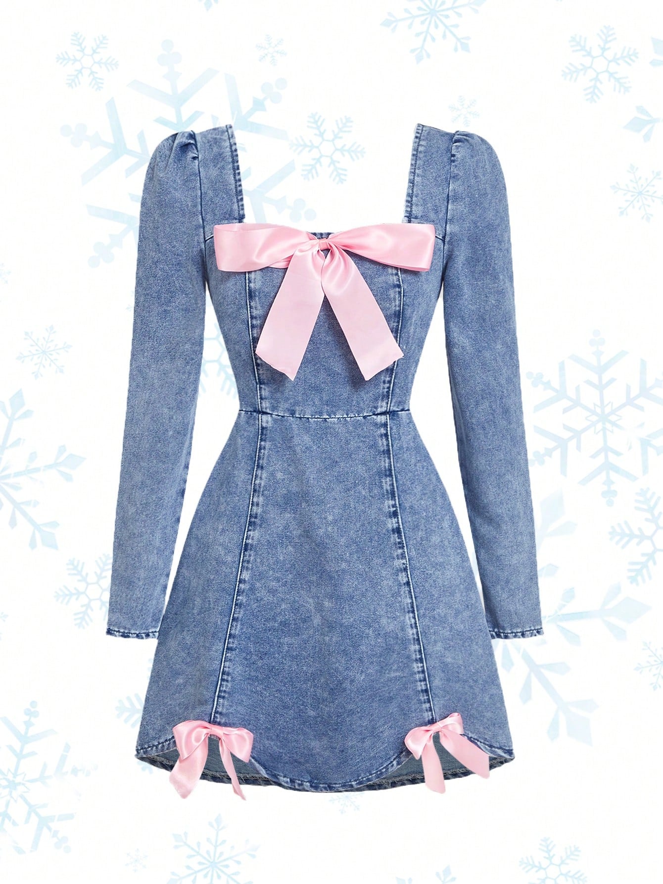 Chic Blue Denim Mini Dress with Long Sleeves and Sweet Bowknot Detail Canary Houze Chic Blue Denim Mini Dress with Long Sleeves and Sweet Bowknot Detail Canary Houze
