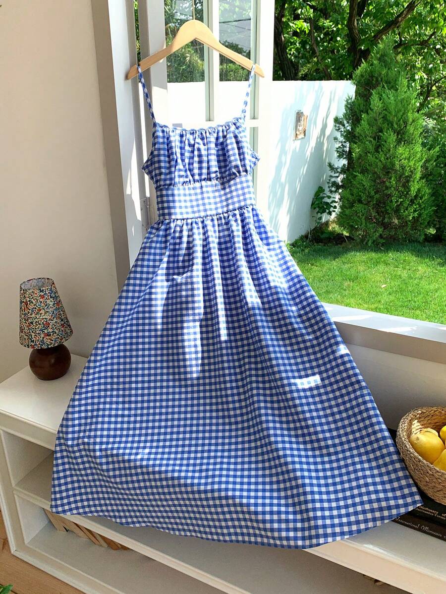 Chic Blue Plaid Woven Beach Dress for Women