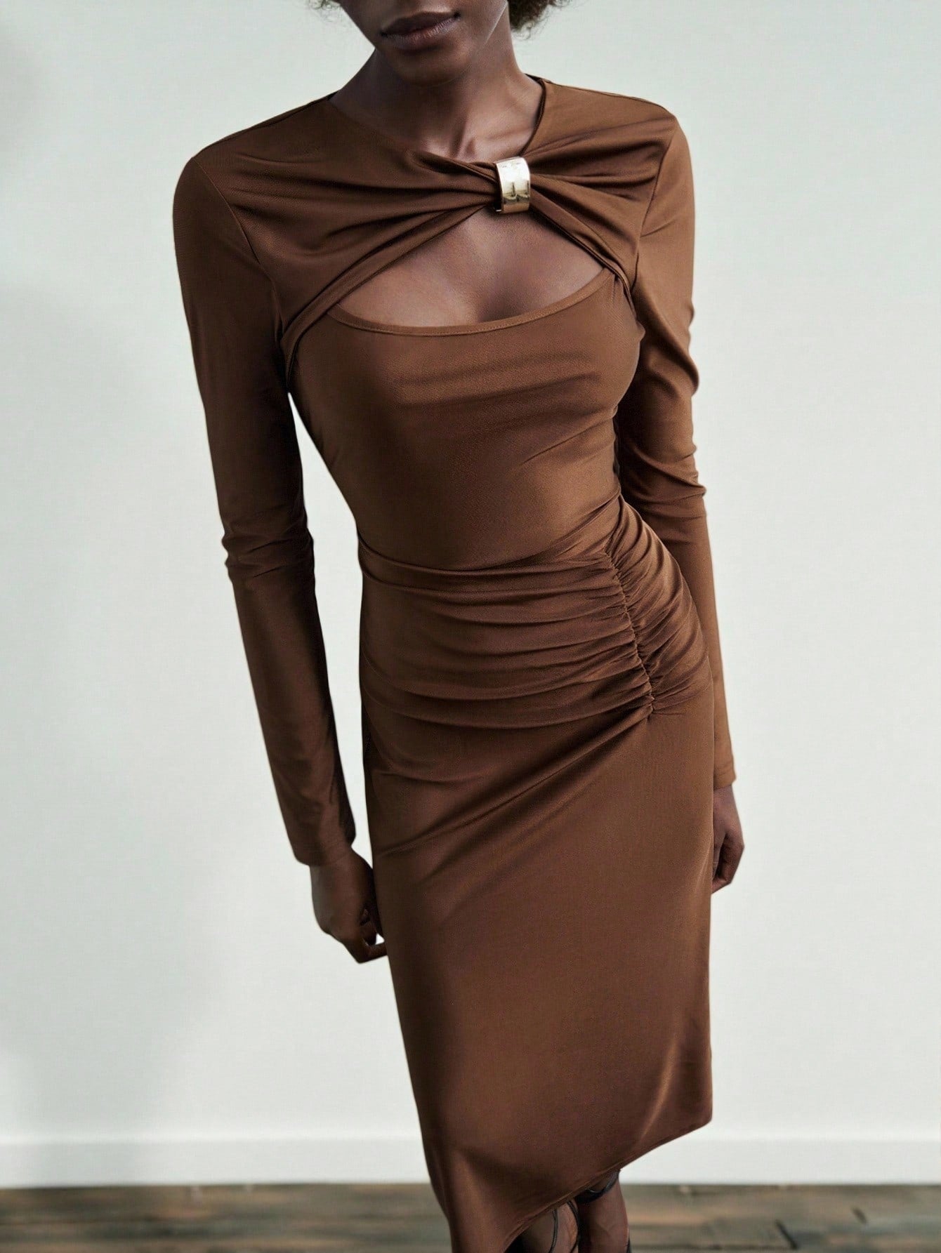 slim fit dress slacks Chic Brown Hollow-Out Fitted Sheath Dress for Women
