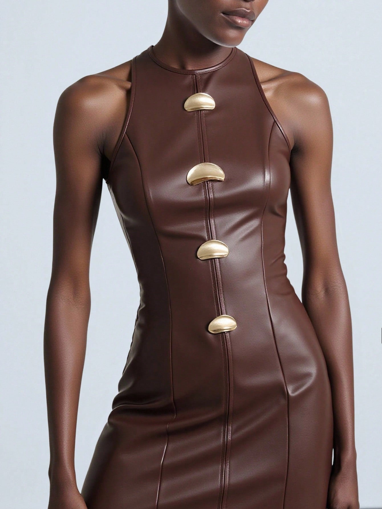 Chic Brown Leather Mini Dress with Metal Accents