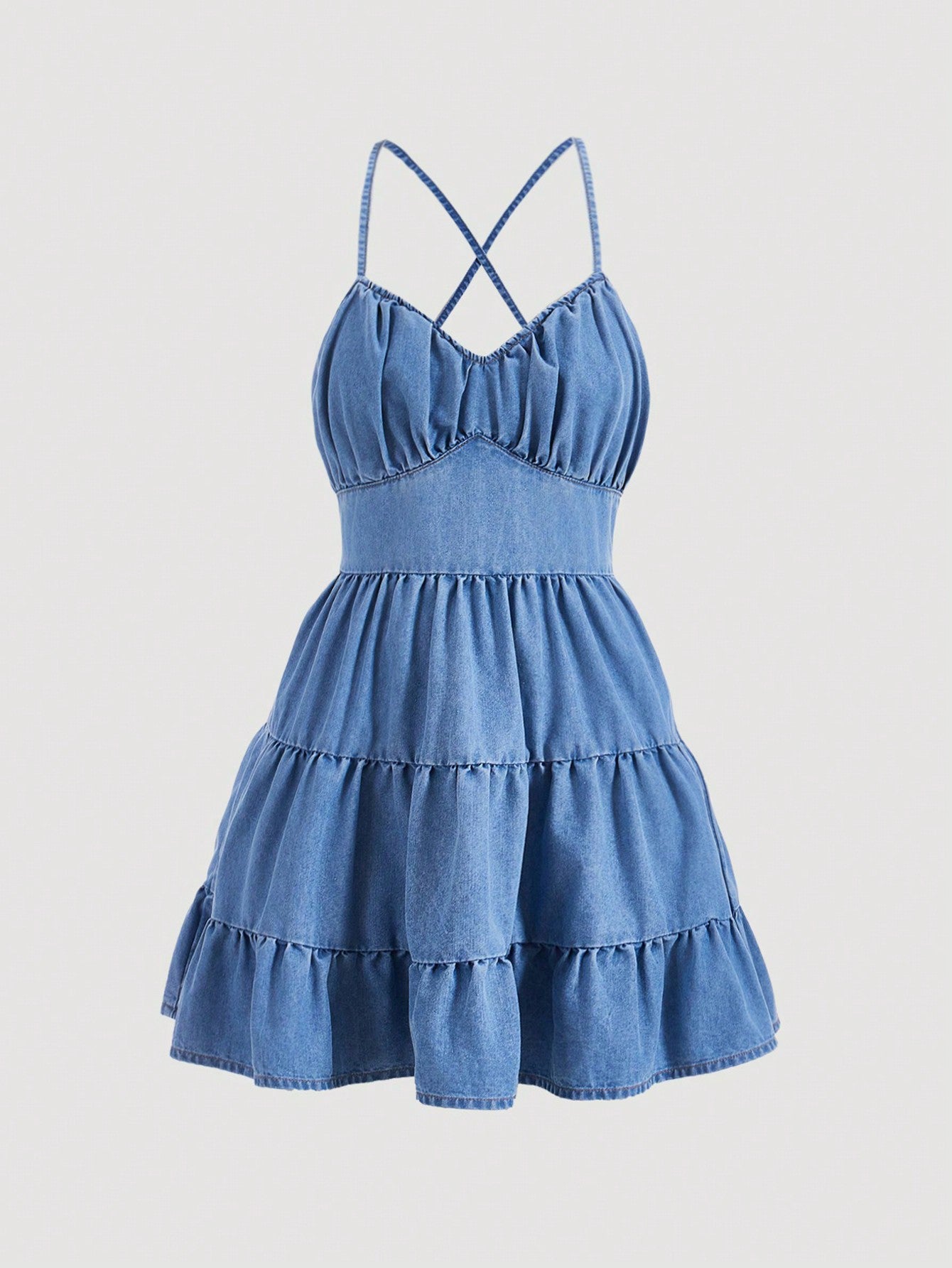 Chic Denim Delight: Women's Pleated Back Cross-Strap Dress – Canary Houze