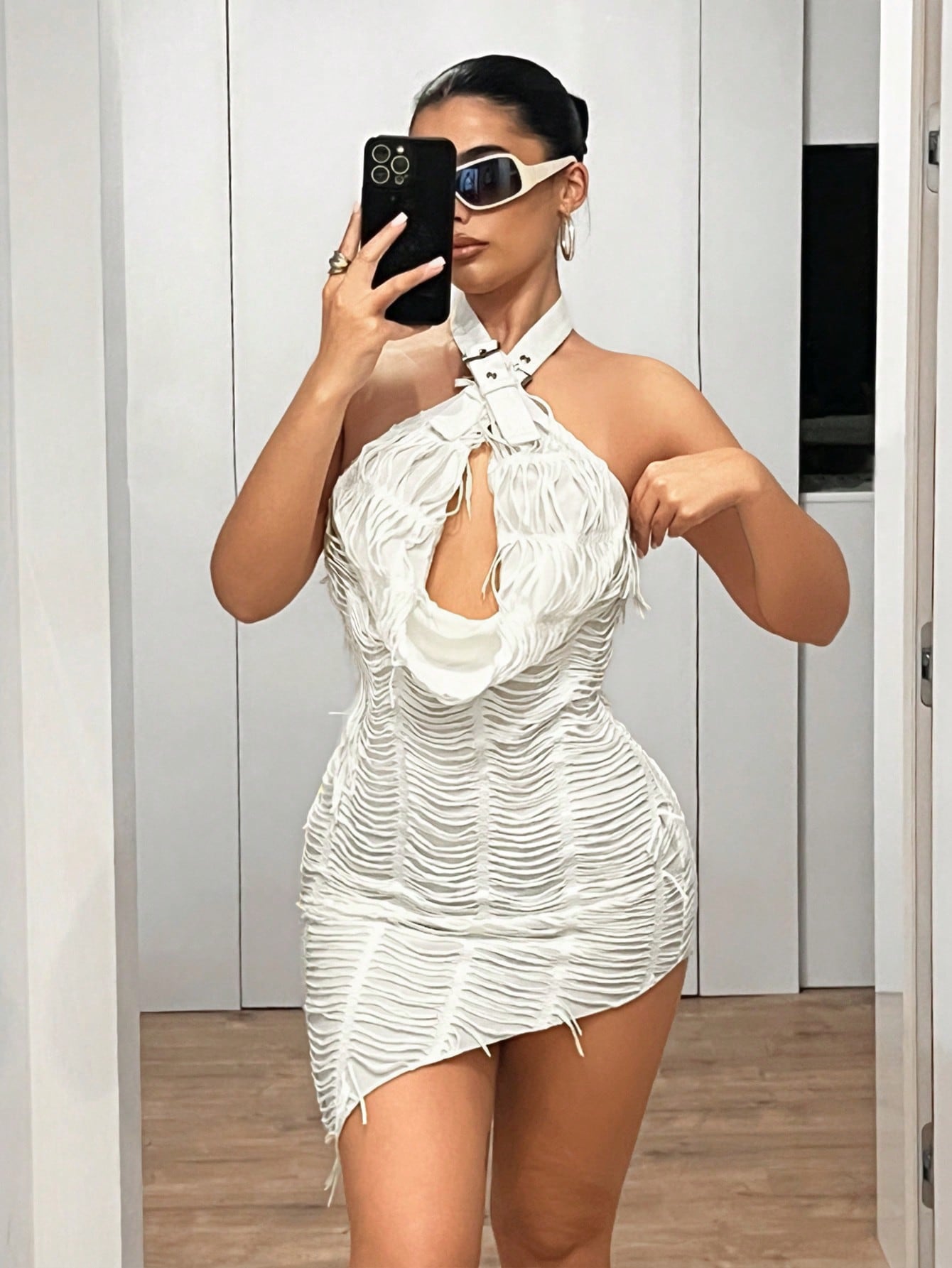 Chic Distressed Criss-Cross Halter Mini Dress with Asymmetric Hem and – Canary Houze