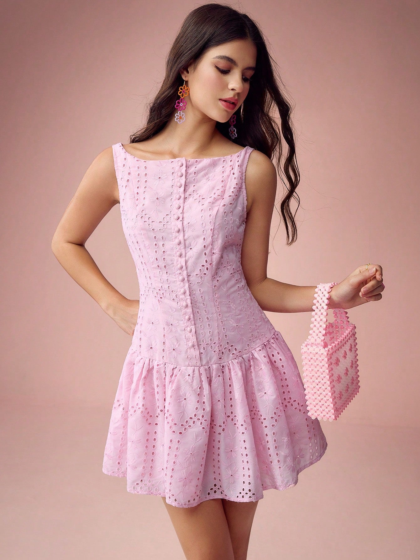 Sleeveless Embroidered White Mini Dress with Boat Neck for Summer 2026