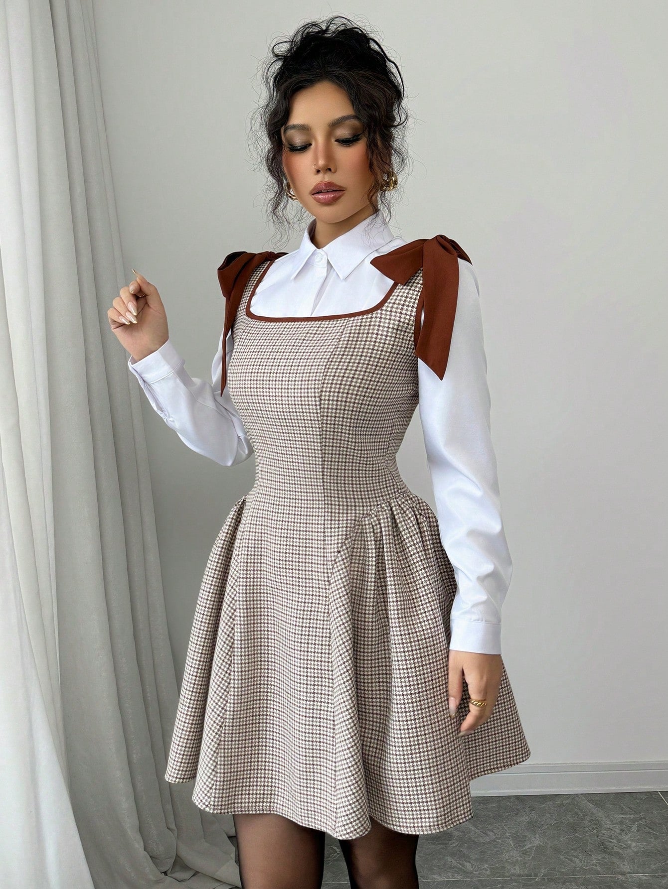 Chic Elegance: Women's Plaid Dress with Bow-Designed Contrast Straps – Canary Houze