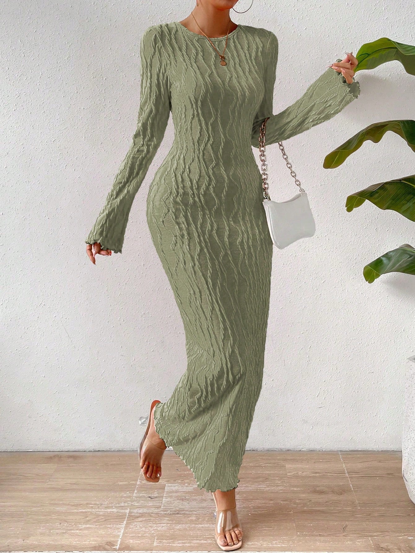 Chic & Flirty: Solid Flare Sleeve Bodycon Dress with Lettuce Hem Chic & Flirty: Solid Flare Sleeve Bodycon Dress with Lettuce Hem
