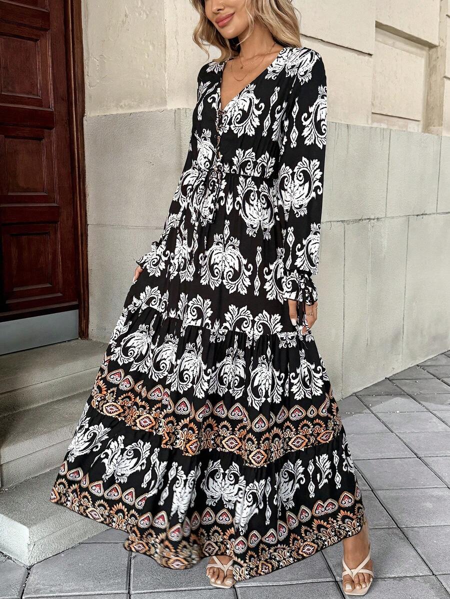 Breezaya Front Lace Up Long Sleeve Pleated All-Over Print Maxi Casual Dress For New Year Clothes Fall Cloth For Women,XL Breezaya Front Lace Up Long Sleeve Pleated All-Over Print Maxi Casual Dress For New Year Clothes Fall Cloth For Women,XL