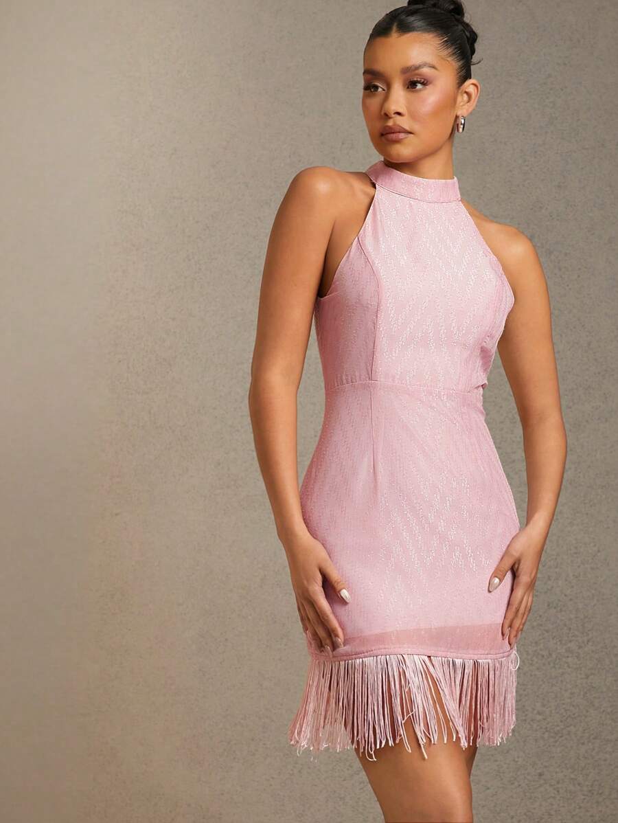 Chic Jacquard Halter Dress with Fringe Hem: Perfect for Valentine's Da –  Canary Houze