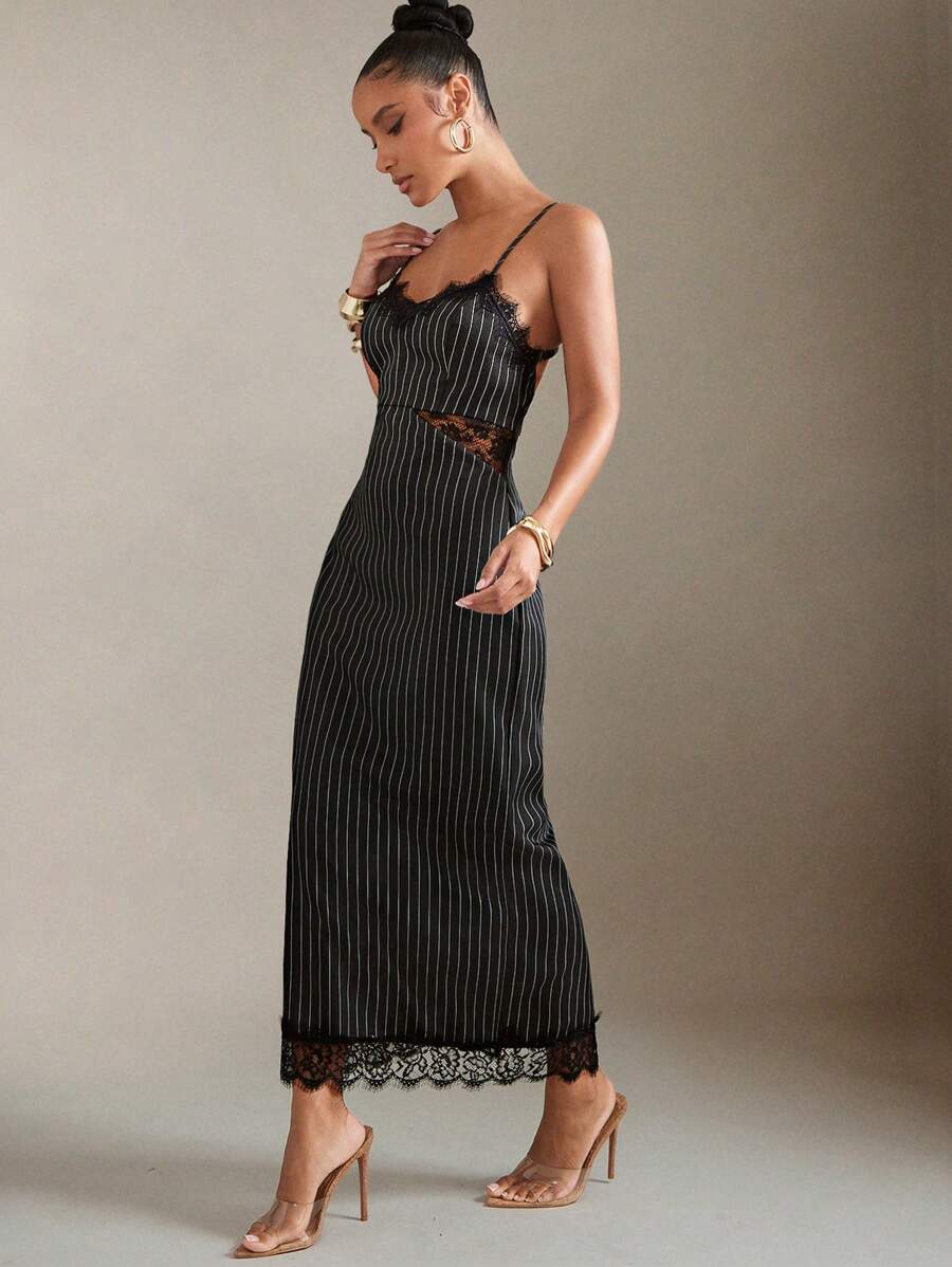 Chic Lace Insert Open Back Pinstripe Cami Midi Dress for Elegant Summe Chic Lace Insert Open Back Pinstripe Cami Midi Dress for Elegant Summe