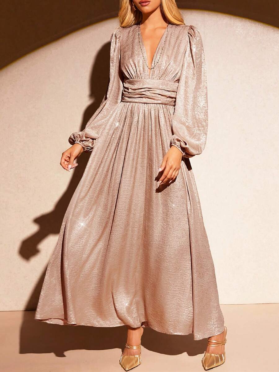 Chic Metallic Deep V-Neck Lantern Sleeve Dress for Autumn & Winter Par   Canary Houze