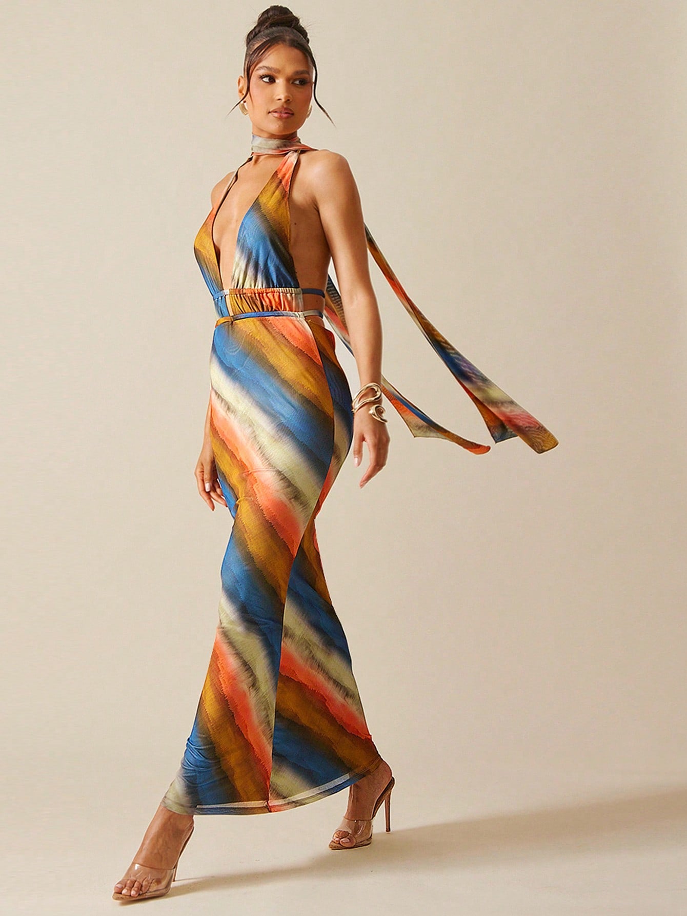 Chic Multi-Color Halter Backless Maxi Dress with Neck Tie
