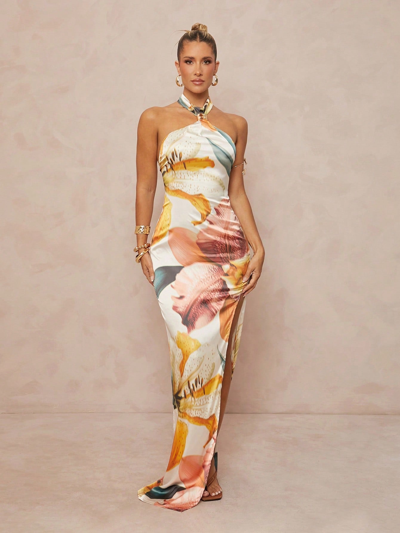 Chic Oversized Floral Print Neck Tie Dress with High Slit