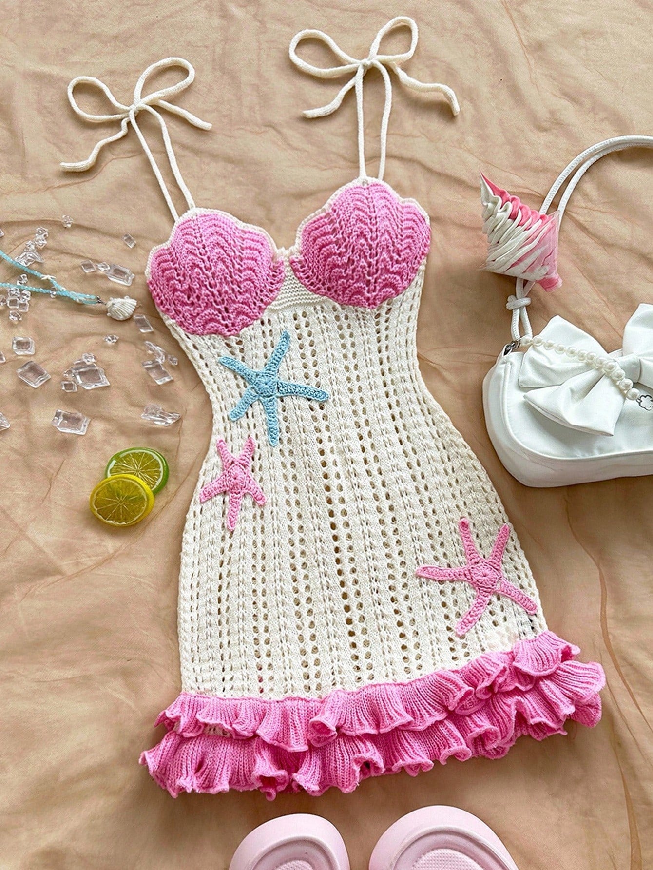 Chic Peach Starfish Halter Knit Dress with Double Ruffle Hem for Beach Canary Houze Chic Peach Starfish Halter Knit Dress with Double Ruffle Hem for Beach Canary Houze