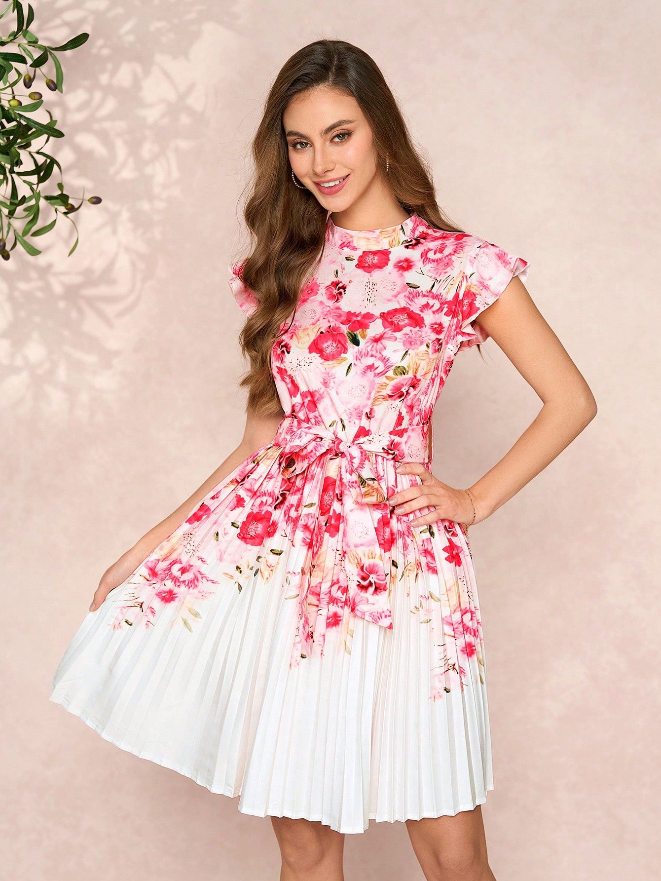summer chic midi dress Chic Pink Floral Midi Dress with Tie Waist – Perfect for Summer Partie